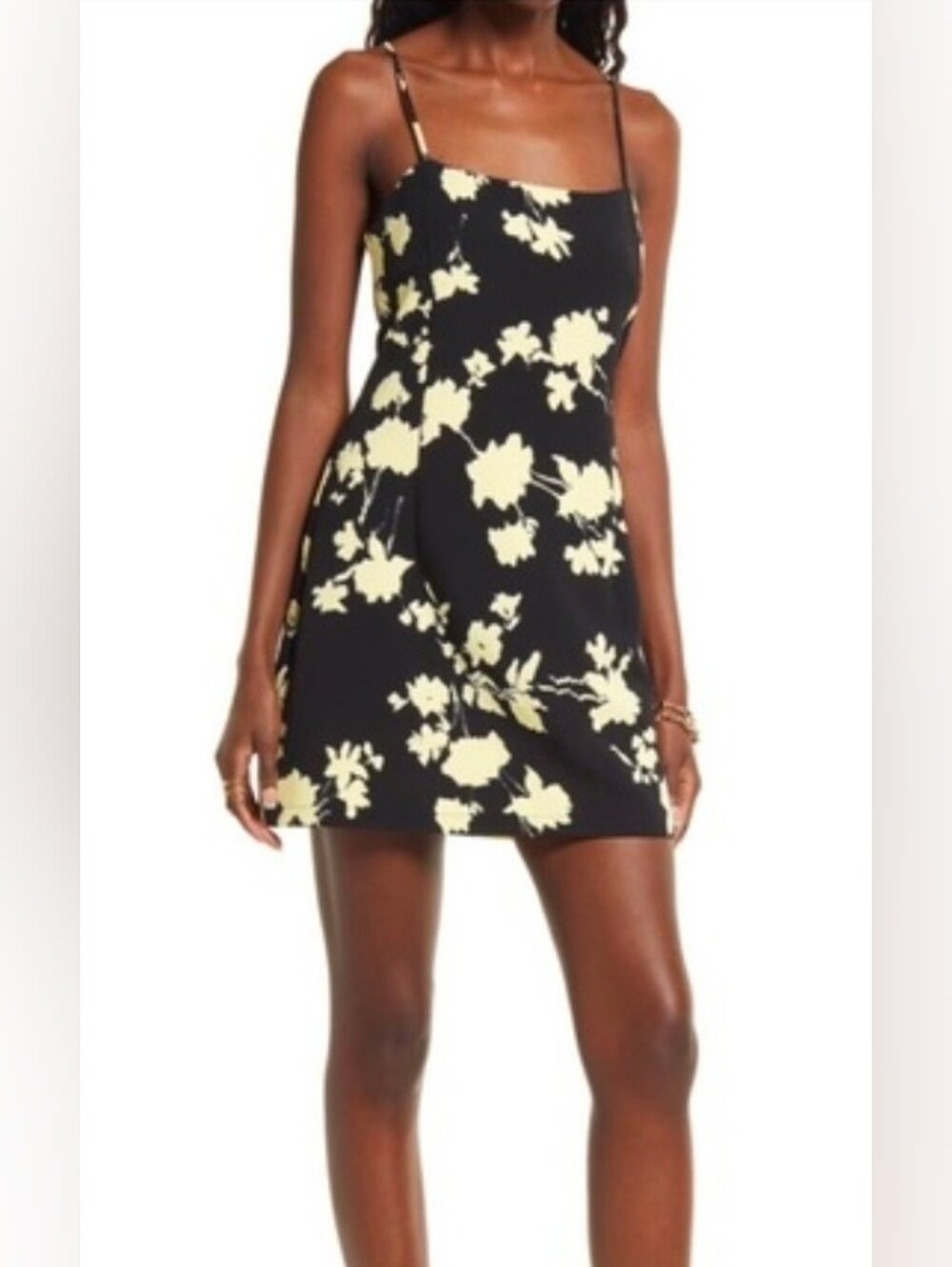 Open Edit Floral Print Black & Yellow Fitted Slip Mini Dress size S